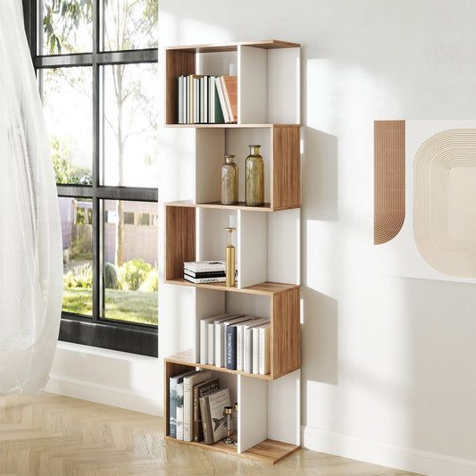 HOMCOM Bookcase, S-Shaped Wooden Bookshelf, 5/6 Tiers Freestanding Storage Shelf, Home Office Decorative Display Stand Rack, Oak and White, 24D x 60W x 184.5H