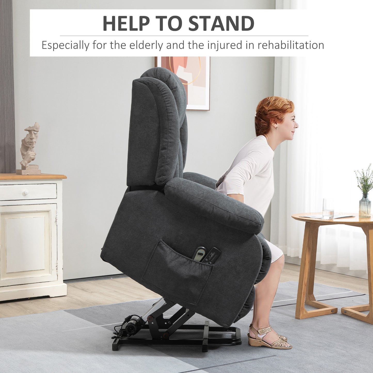 HOMCOM Overstuffed Riser and Recliner Chairs for the Elderly with 8 Vibration Massage, Fabric Upholstered Lift Chair for Living Room with Remote Control, Side Pocket, Footrest, Dark Grey