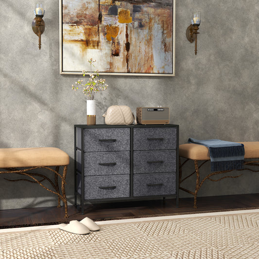 HOMCOM Fabric Chest of Drawers, Industrial Bedroom Dresser with 6 Fabric Drawers, Steel Frame and Wooden Top for Nursery, Living Room, Hallway, Black