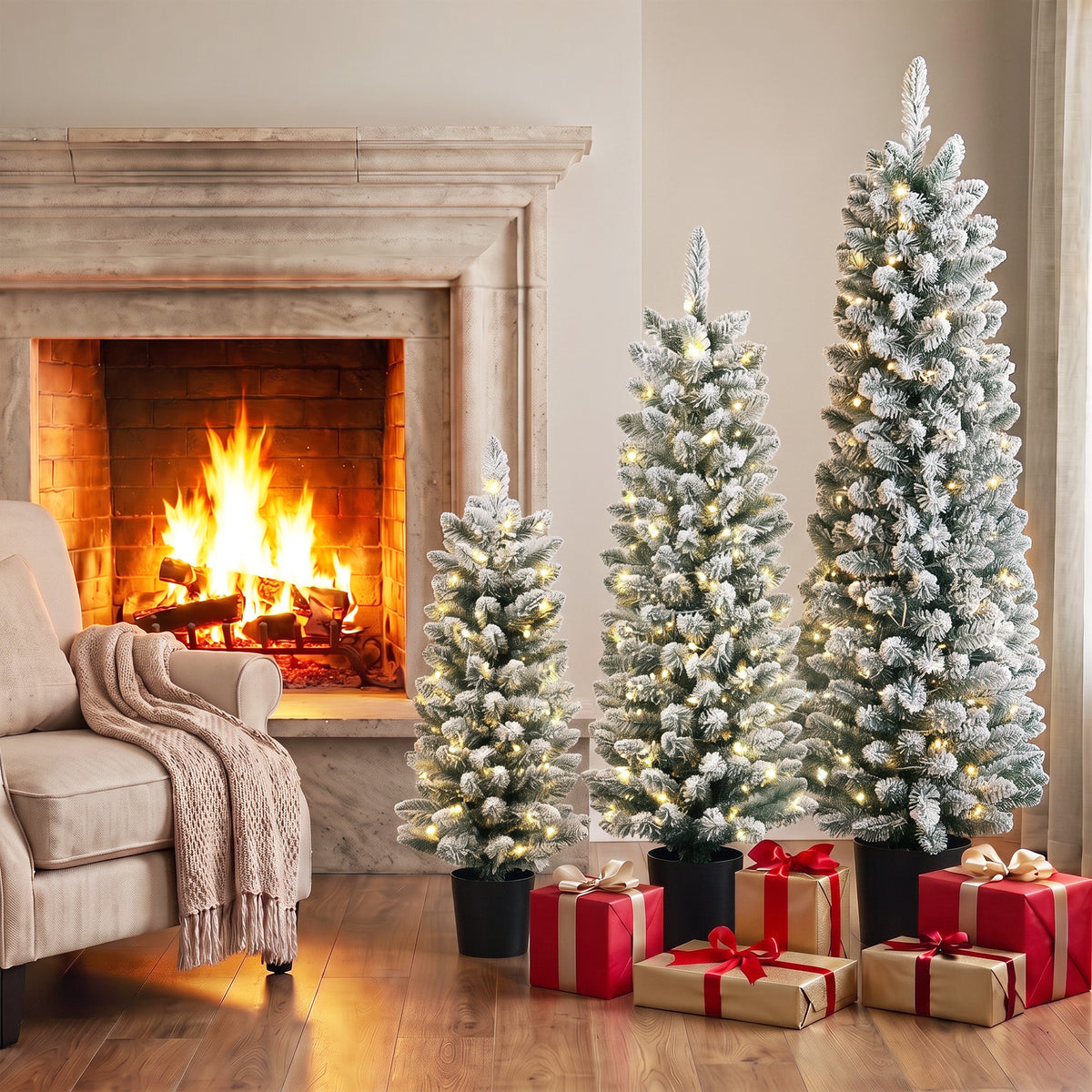 HOMCOM Prelit Snowy Flocked Artificial Christmas Tree Set of 3, Slim Xmas Tree with PVC Tips, 3FT+4FT+5FT