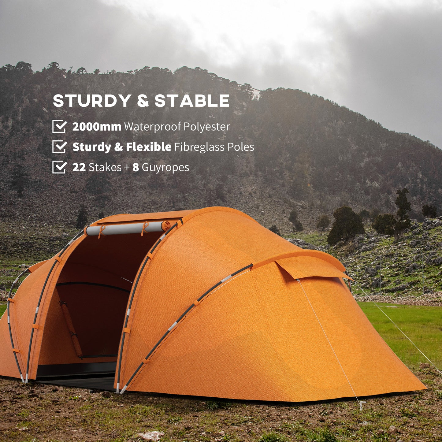 Outsunny 4-6 Man Camping Tent with Living Area and 2 Bedrooms, Hiking Sun Shelter, UV Protection Tunnel Tent, Orange