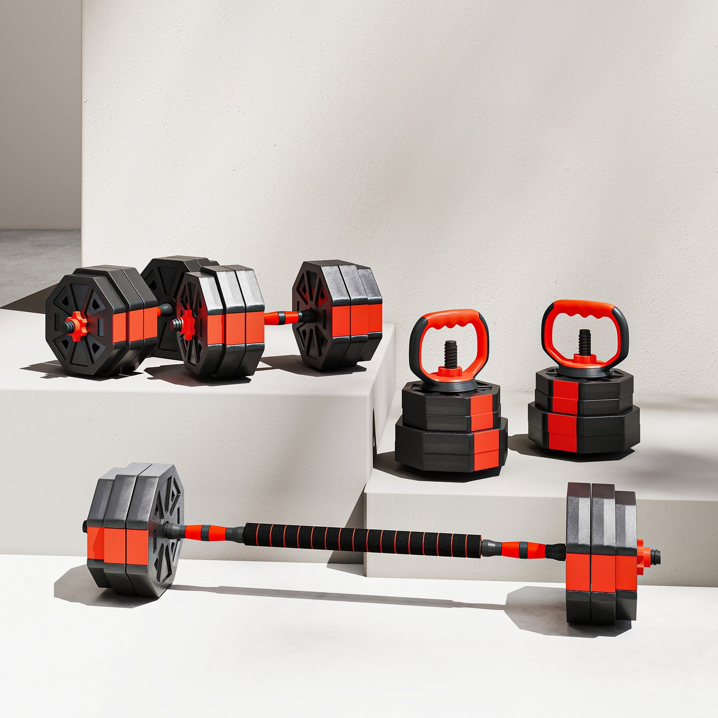 SPORTNOW 4-in-1 Adjustable Weight Dumbbells Set, Used as Kettlebell, Barbell, Dumbbell, Push-Up Stand, 30kg Free Weights Set for Men and Women Home Gym Training, Red