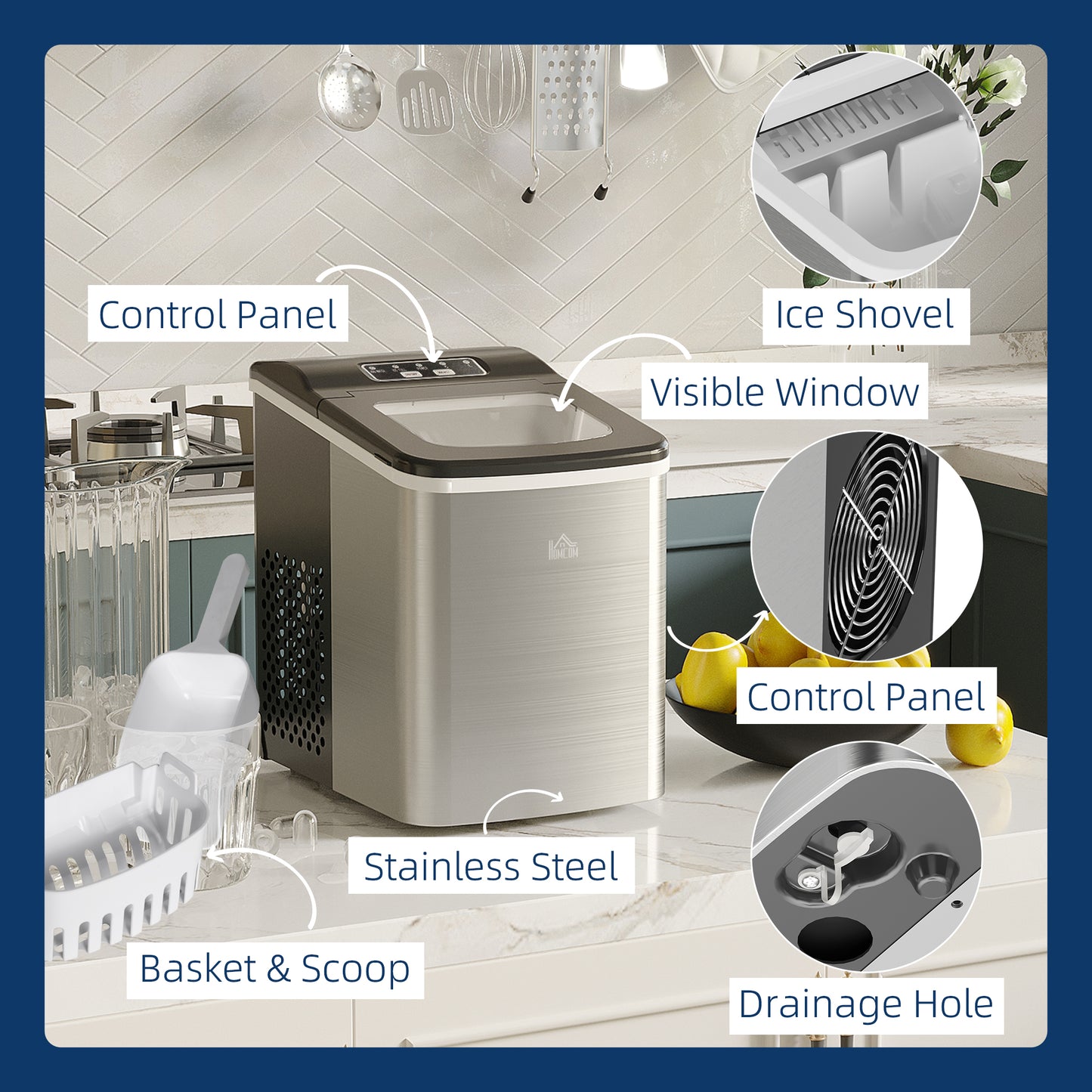 HOMCOM Ice Maker Machine Countertop, 9 Ice Cubes in 8 Mins, 12KG in 24Hrs, Self-Cleaning Portable Ice Cube Maker w/ Adjustable Ice Size, Ice Scoop, Basket, Stainless Steel, No Plumbing Required, Black