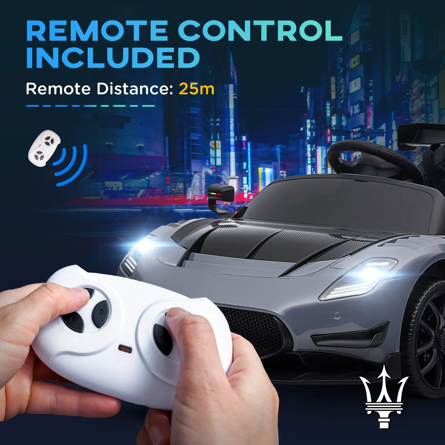 Maserati GT2 Licensed 12V Kids Electric Ride on Car with 4 Suspension Wheels, Remote Control, Music, Horn, Lights, Grey
