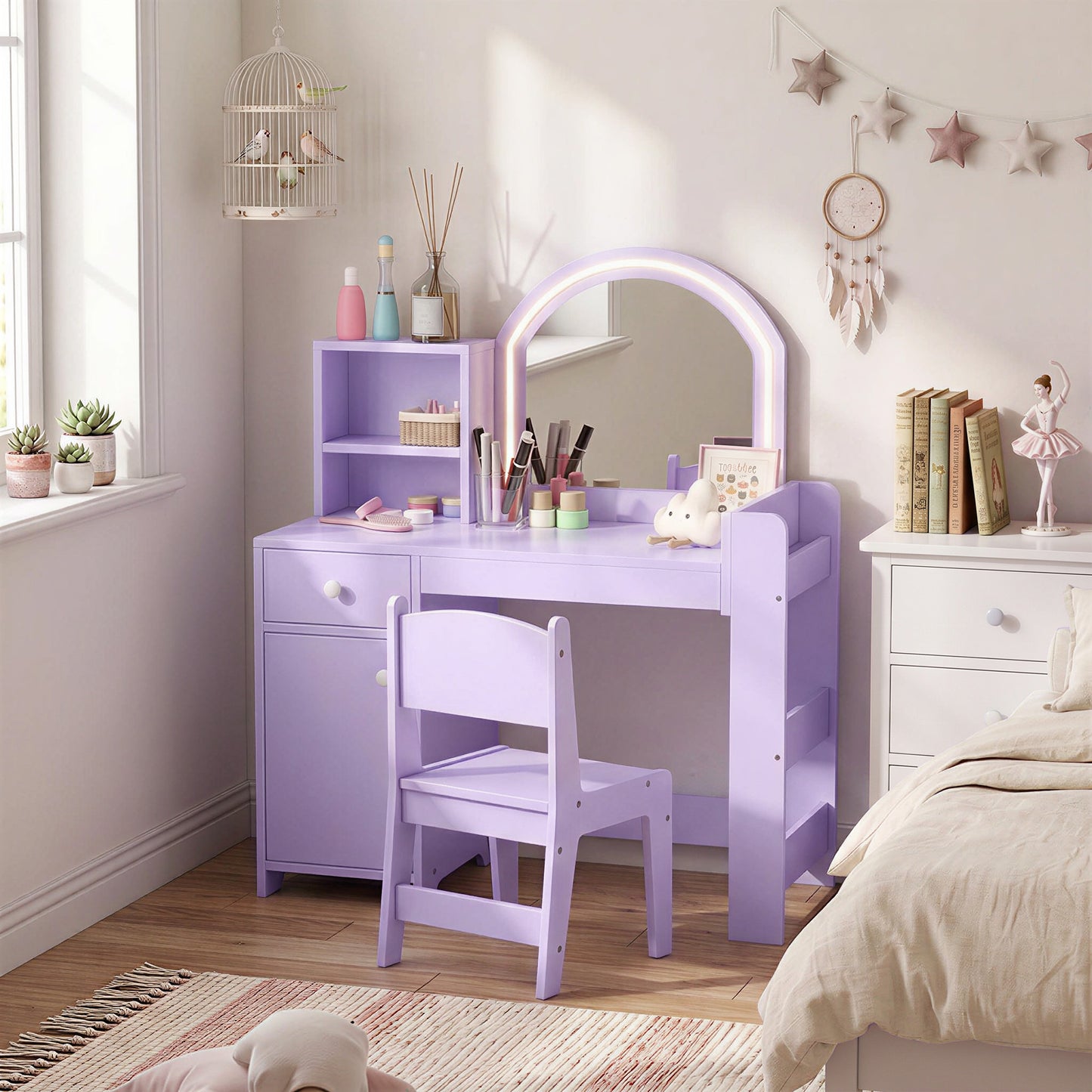 AIYAPLAY Kids Vanity Table and Chair Set, Girls Dressing Table with 2-Colour LED Mirror, Stool, Cabinet, Drawer, Shelves, Purple