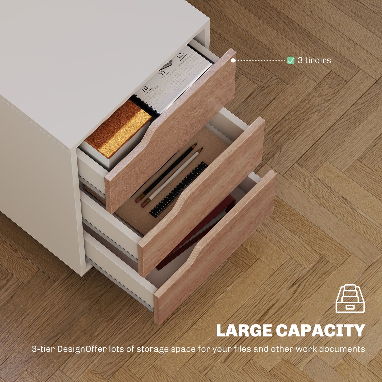 HOMCOM 3 Drawer Mobile File Cabinet, Vertical Filing Cabinet with Wheels for Home Office, Oak