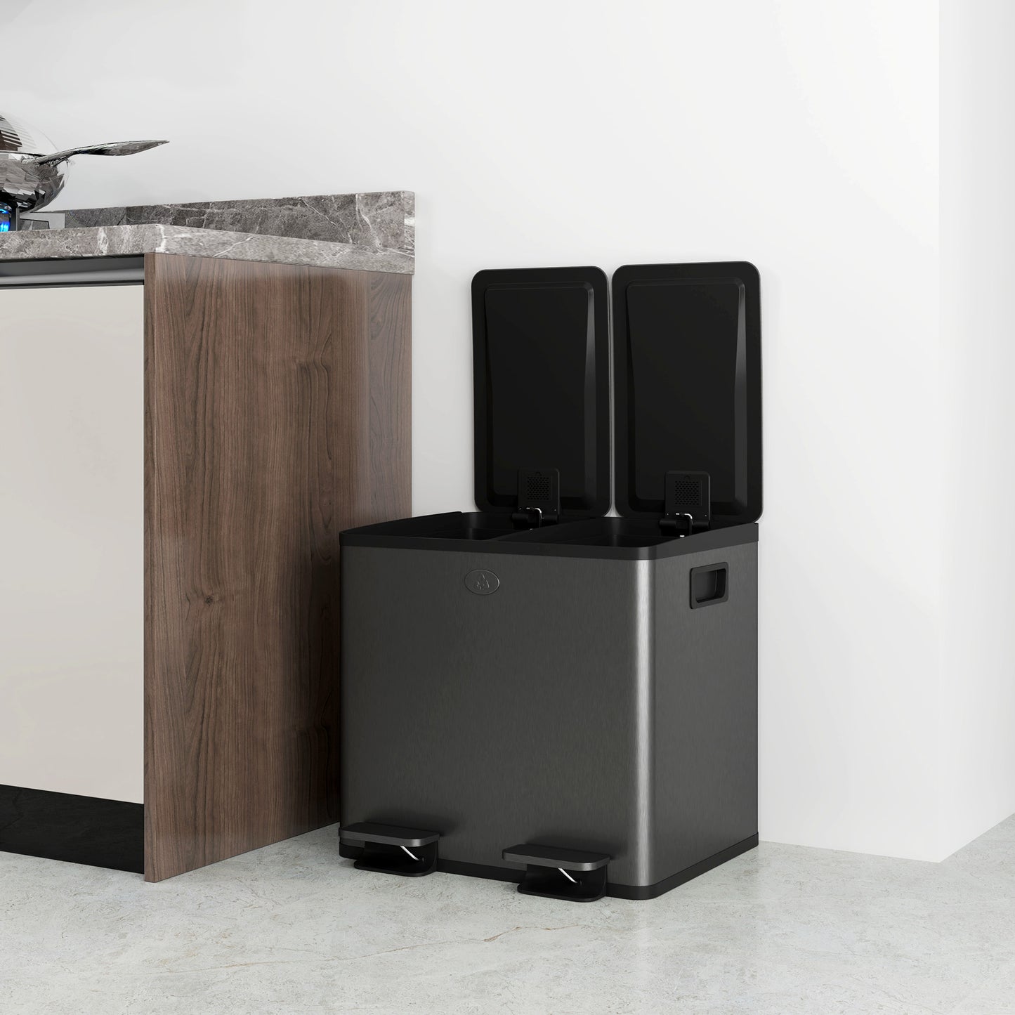 HOMCOM 30L Dual Compartment Stainless Steel Bin, with Deodoriser Holders - Black