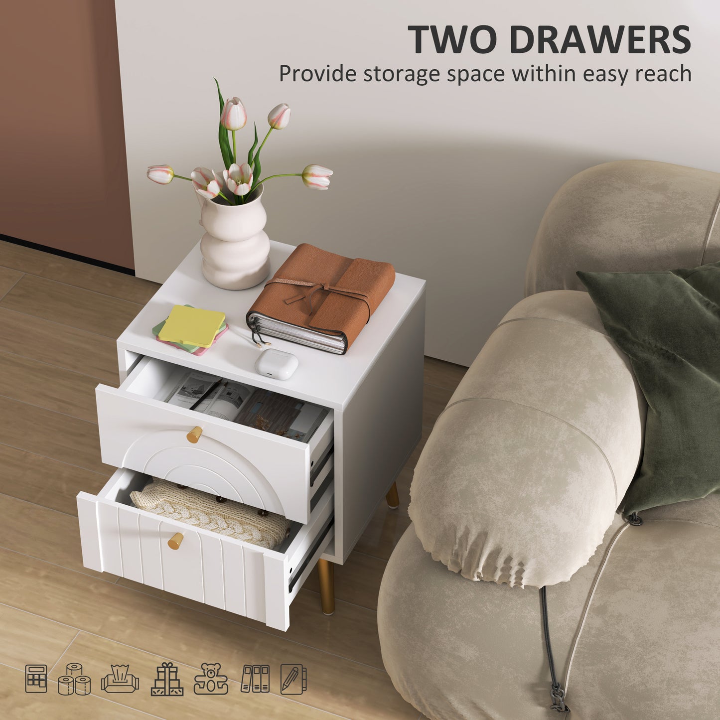 HOMCOM 2-Drawer Bedside Table Set of 2 - White