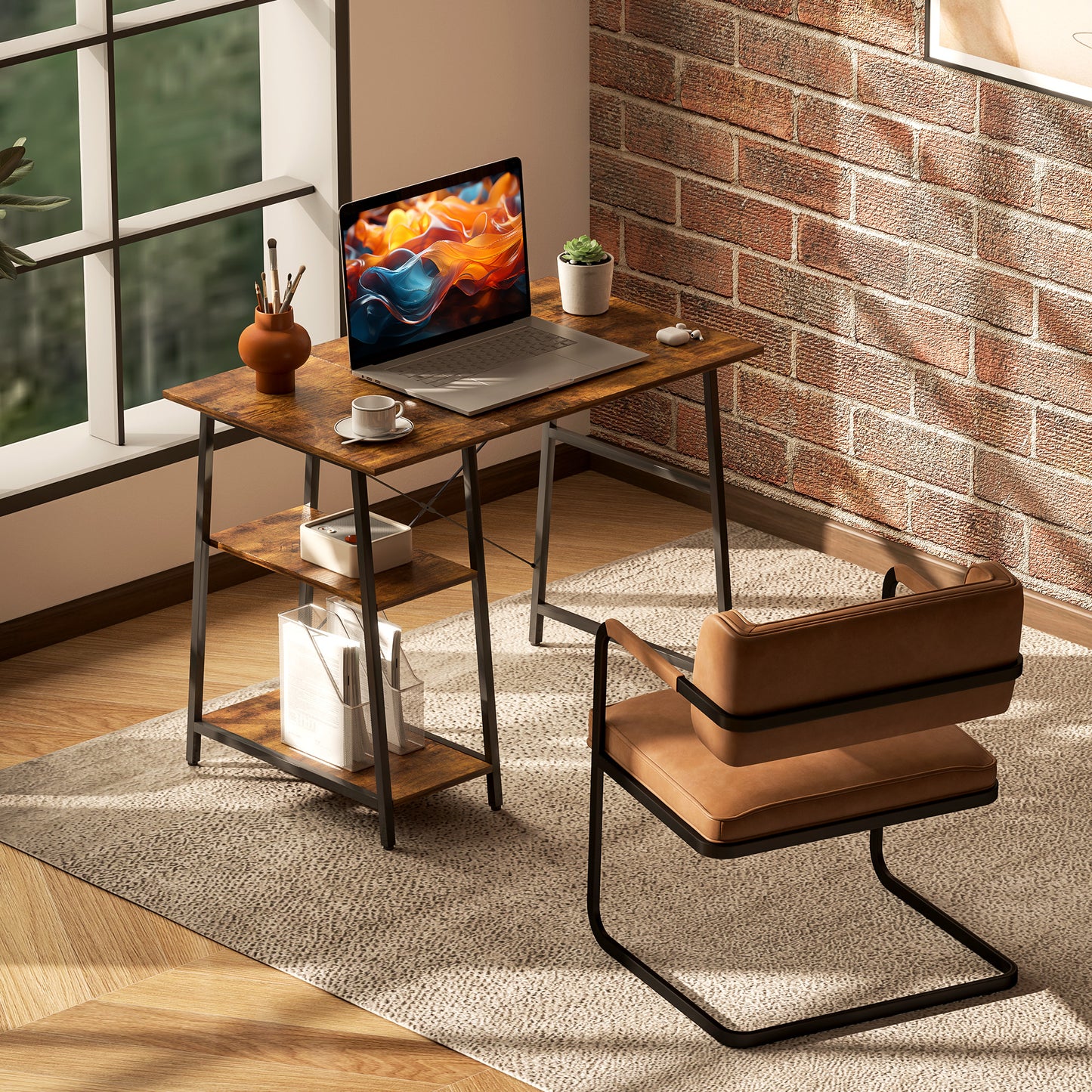 HOMCOM 100cm Computer Desk with Storage, Industrial Home Office Desk with 2 Tier Shelves and Steel Frame, Computer Table for Study Room, Rustic Brown