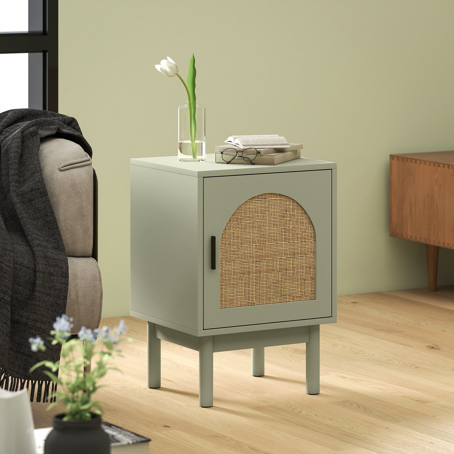 HOMCOM Rattan Bedside Table for Bedroom - Light Green