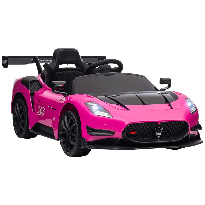 Maserati GT2 Licensed 12V Kids Electric Ride on Car with 4 Suspension Wheels, Remote Control, Music, Horn, Lights, Pink