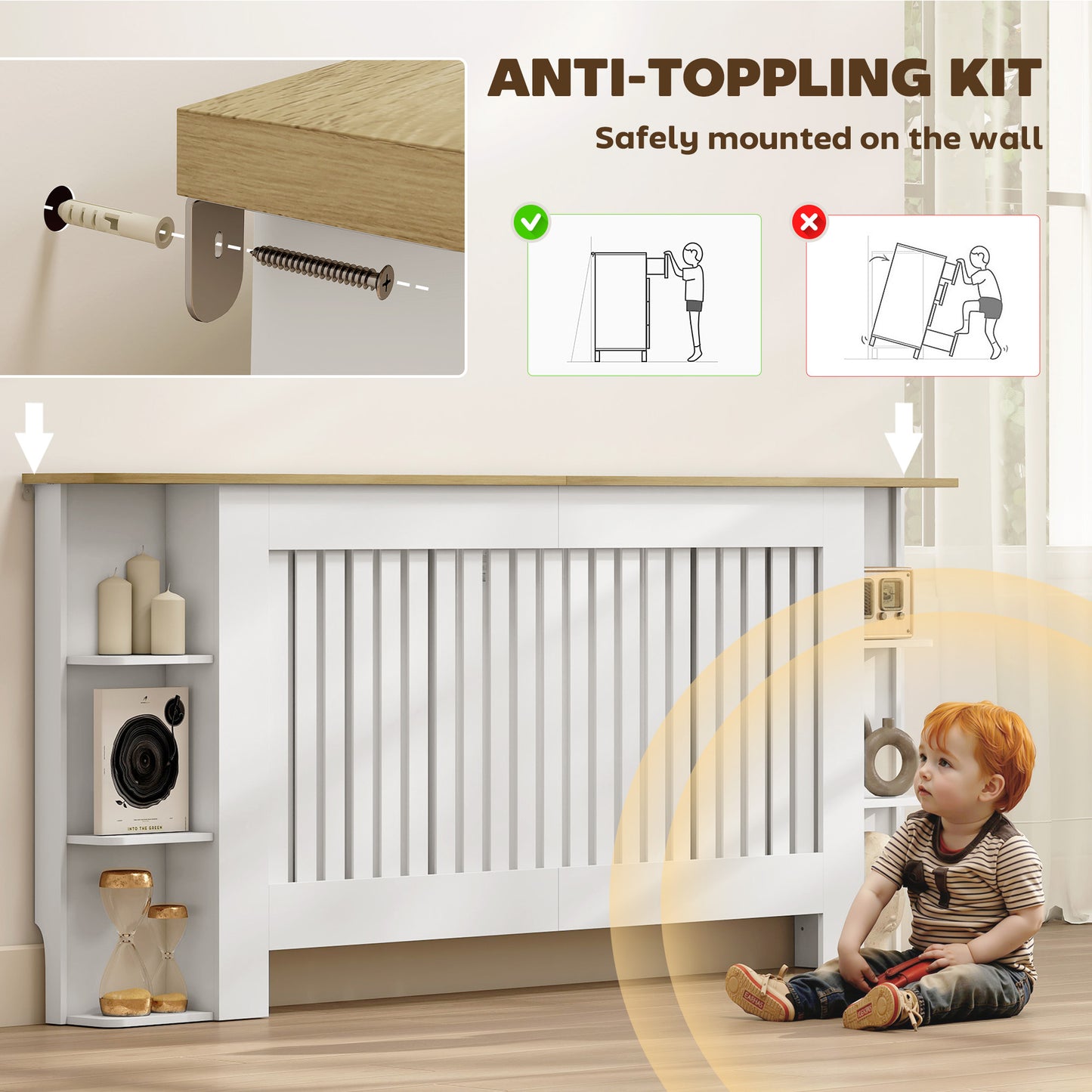 HOMCOM Radiator Cover with Open Storage Shelves, Vertical Slatted Cabinet Shelf Heater Cover for Living Room, Hallway, Extra Large, White (H: 83 / W: 191 / D: 19 cm)