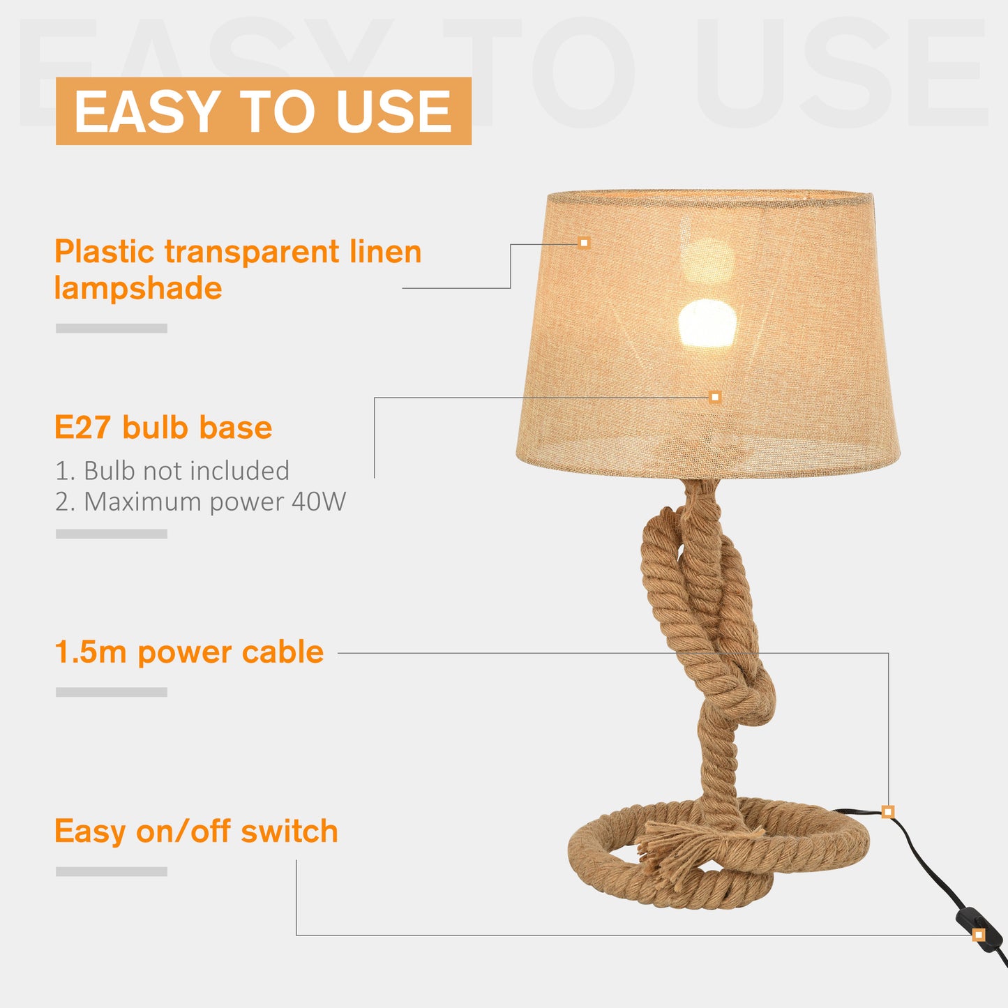 HOMCOM Nautical Style Table Lamp with Fabric Lampshade Metal Frame Power Switch, 48cm Home Desk Lamp Bedroom Living Room Study E27 Base, Beige