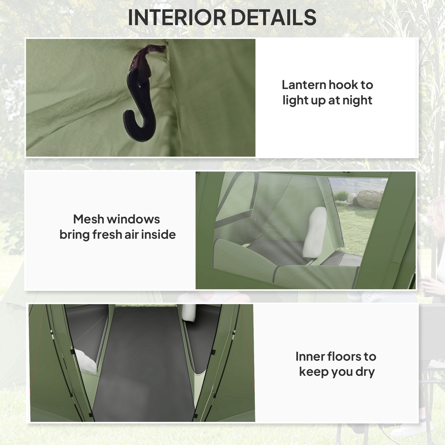 Outsunny 3 Man Camping Tent with Living Area and 2 Bedrooms, 3000mm Waterproof Family Tent with Sewn-in Groundsheet and bag, Portable Dome Shelter for Hiking, Festival, Backpacking, Green