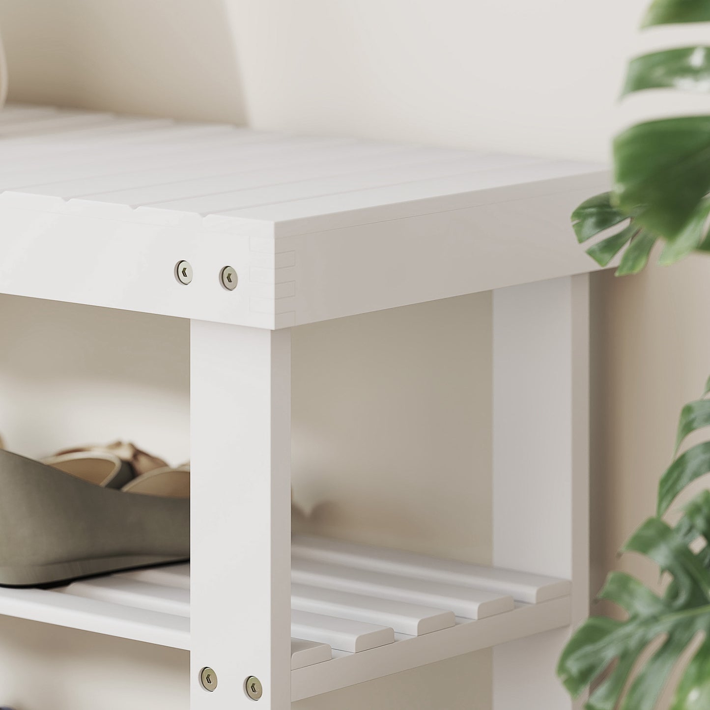 HOMCOM Two Shelf Bamboo Shoe Storage Bench - White