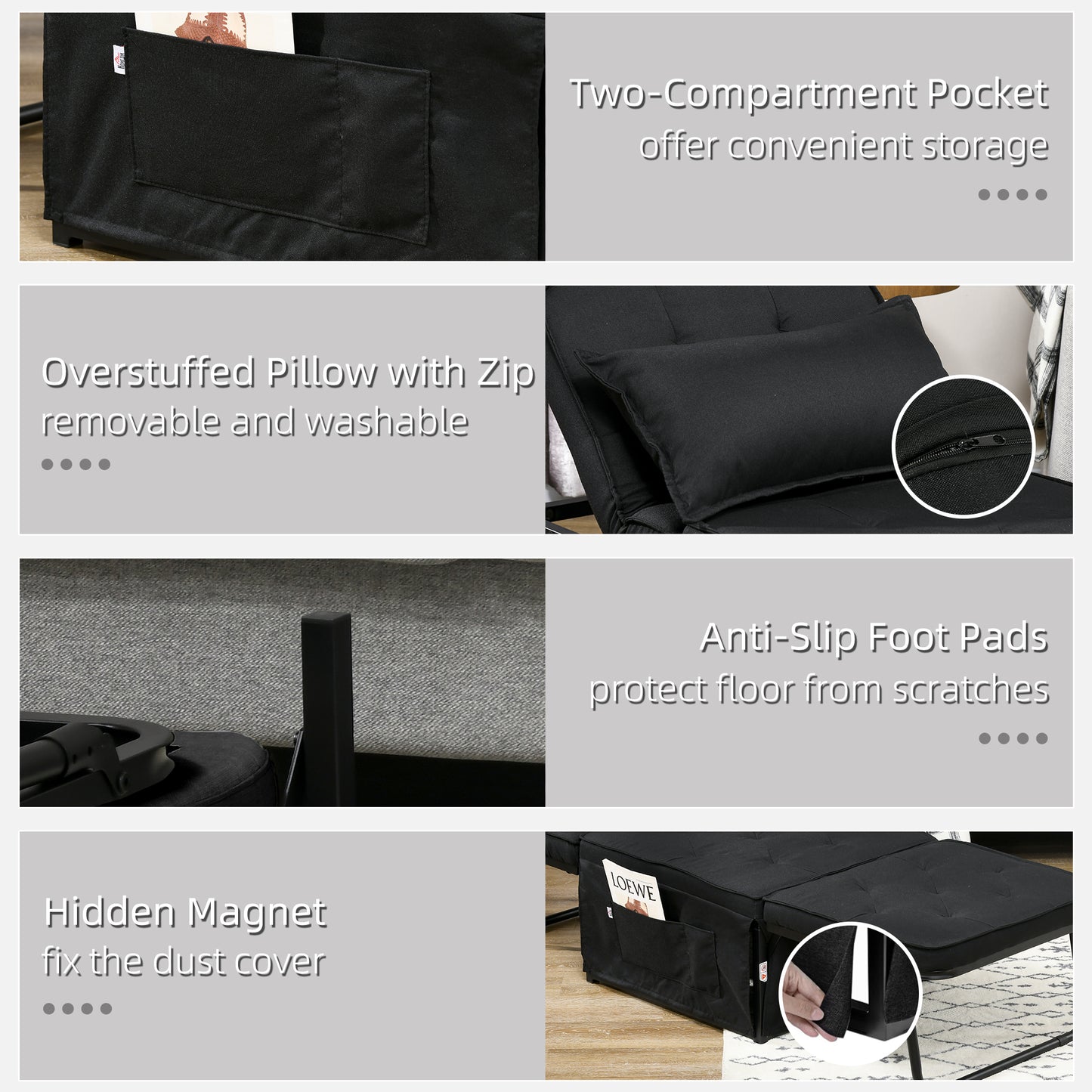 HOMCOM Fabric Sleeper Chair, Folding Chair Bed with Adjustable Backrest, Pillow, Side Pockets for Living Room, Black