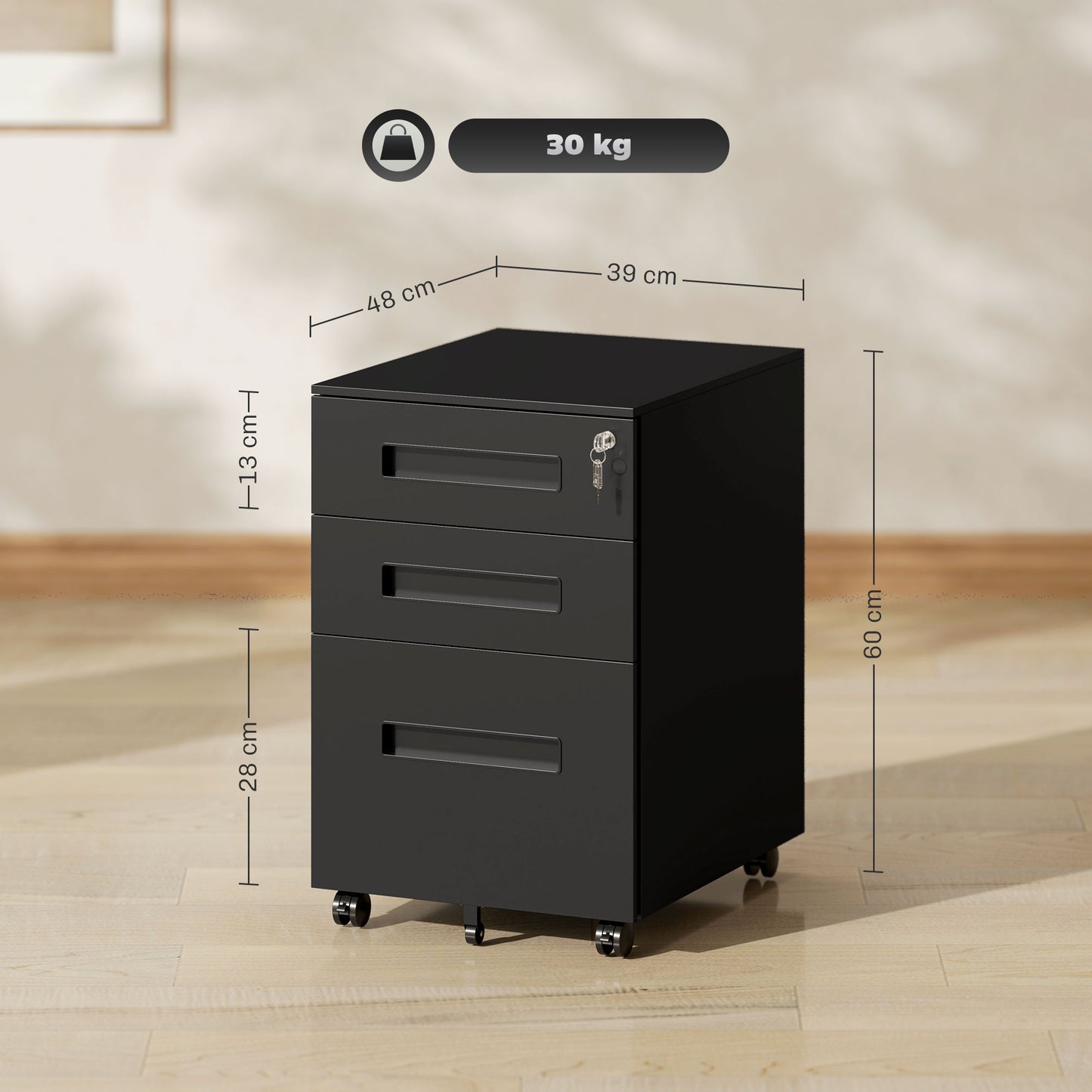Vinsetto Three-Drawer Steel Filing Cabinet - Black
