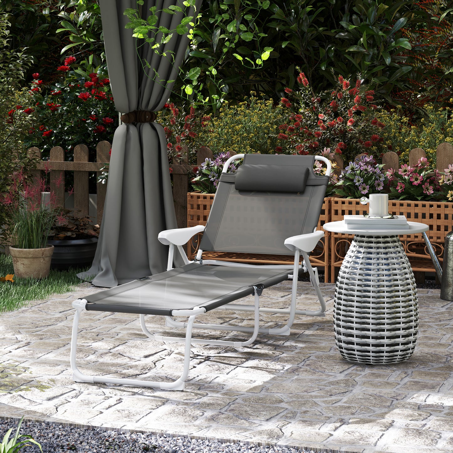 Outsunny Foldable Lounge Chair with 4-Level Adjustable Backrest & Headrest - Charcoal Grey