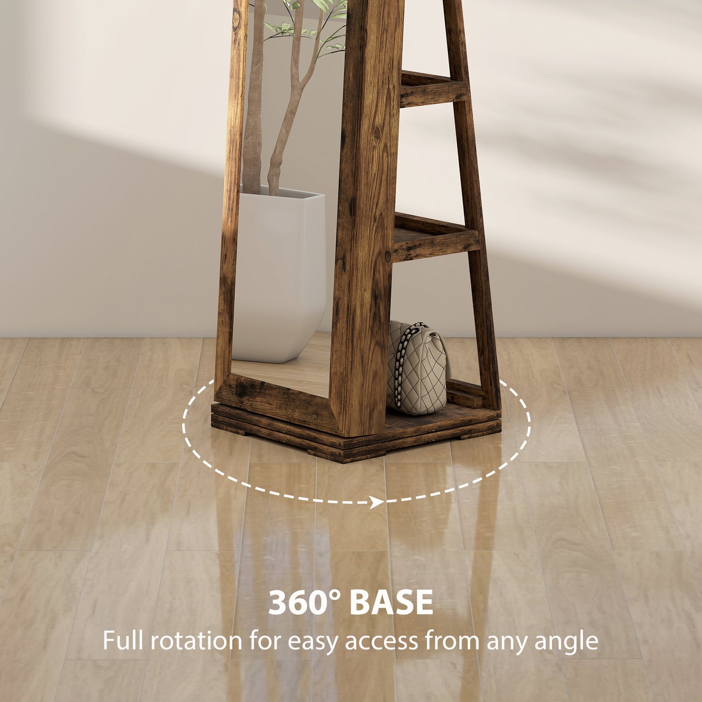 HOMCOM 360° Swivel Jewellery Cabinet, Free Standing Full Length Mirror with Storage, Lockable Jewellery Organiser with Built-in Makeup Mirror and Storage Shelves for Bedroom, Rustic Brown