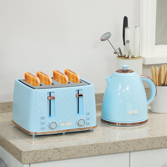 HOMCOM Kettle and Toaster Set, 1.7L 3000W Fast Boil Jug Kettle, 4 Slice Toaster with 7 Level Browning Controls, Light Blue