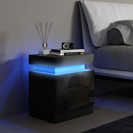 HOMCOM Black Bedside Table with LED Light, High Gloss Front Nightstand with 2 Drawers, for Living Room, Bedroom