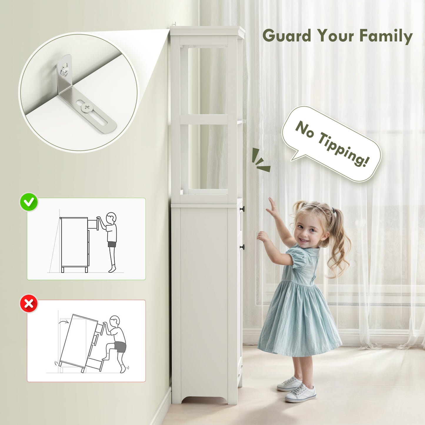 HOMCOM Tall Bathroom Cabinet, with Laundry Basket - White