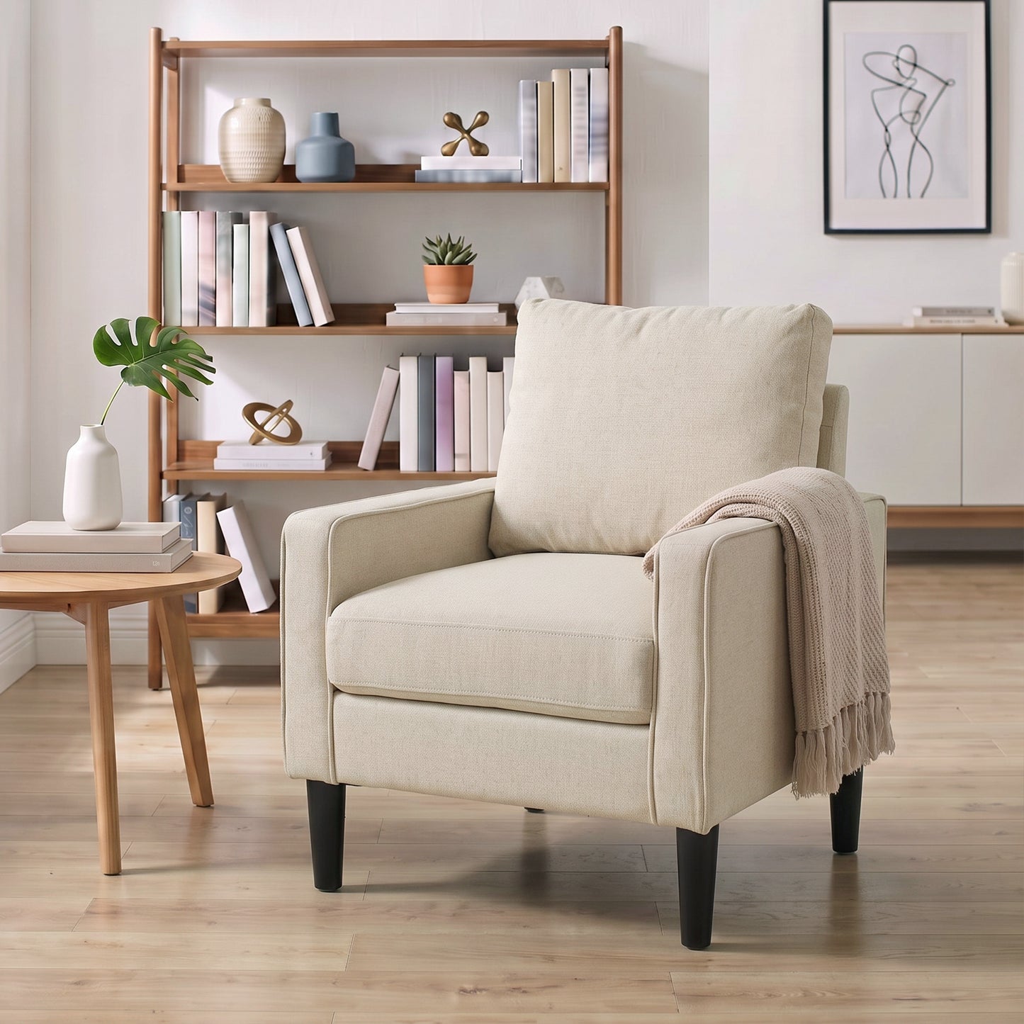 HOMCOM Accent Chair, Removable Pillow Linen Armchair with Comfy Spring Cushion for Living Room, Bedroom, Study, Cream