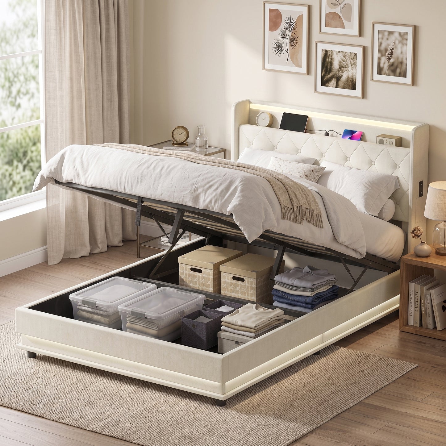 HOMCOM 4ft6 Double Bed Frame with Headboard, Platform Bed Frame with Hydraulic Storage, LED Lights and Charging Station, Cream