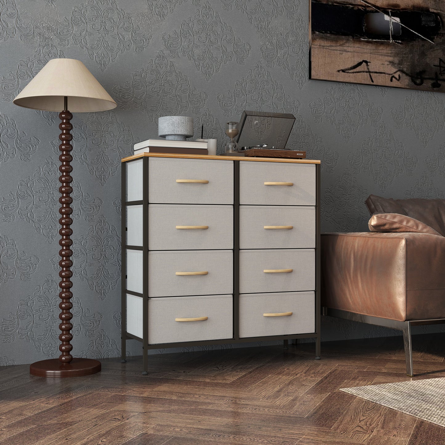 HOMCOM Fabric Chest of Drawers, Industrial Bedroom Dresser with 8 Fabric Drawers, Steel Frame and Wooden Top for Nursery, Living Room, Hallway, Cream White