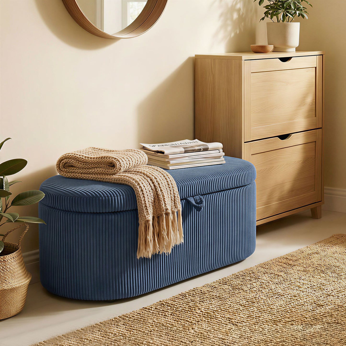 HOMCOM Storage Ottoman, Corduroy Upholstered Ottoman Storage Box with Padded Seat, 105 x 51 x 49 cm, Blue