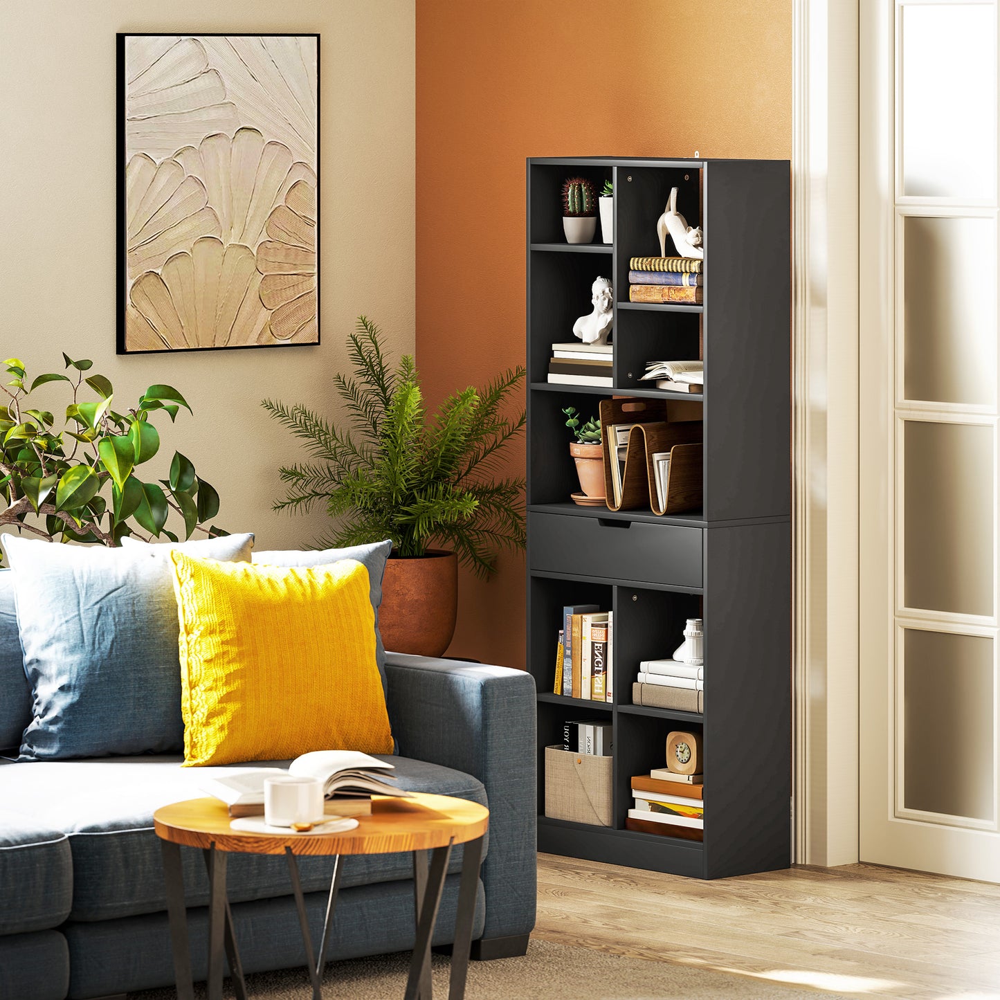 HOMCOM Tall Bookshelf with Drawer, Freestanding Bookcase for Bedroom, Living Room, Home Office, Black