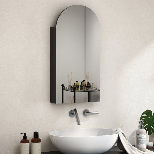 HOMCOM Arched Bathroom Mirror Cabinet with Adjustable Glass Shelves - Black