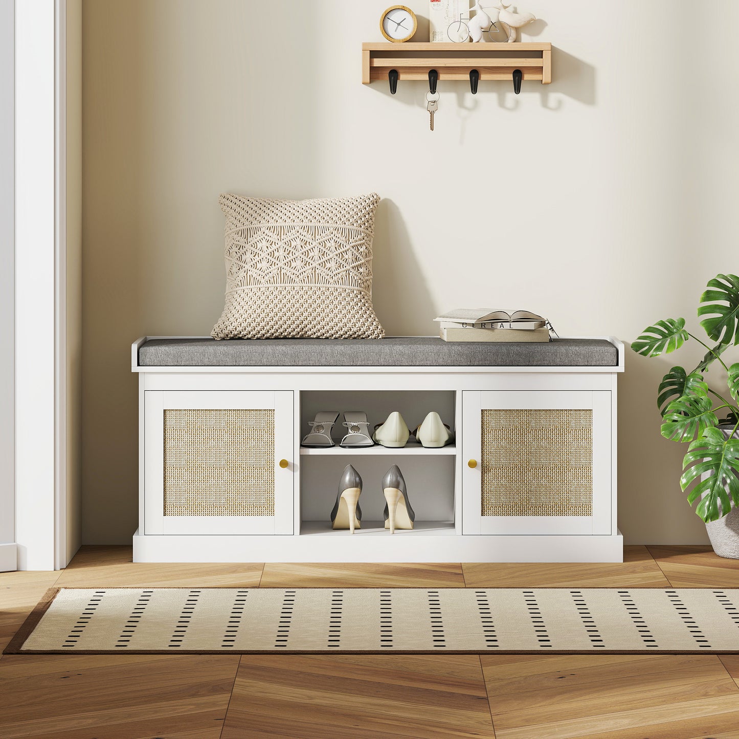 HOMCOM Boho Shoe Storage Bench with Padded Cushion and Rattan Doors - White
