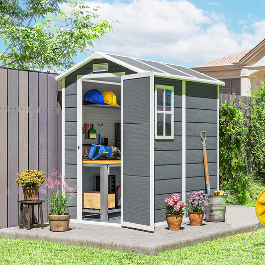 Outsunny 4 x 6ft Garden Shed, Plastic Shed with Floor, Window, Lockable Door and Vents, Resin Tool Shed for Outdoor Patio Storage, Zero Maintenance, Grey