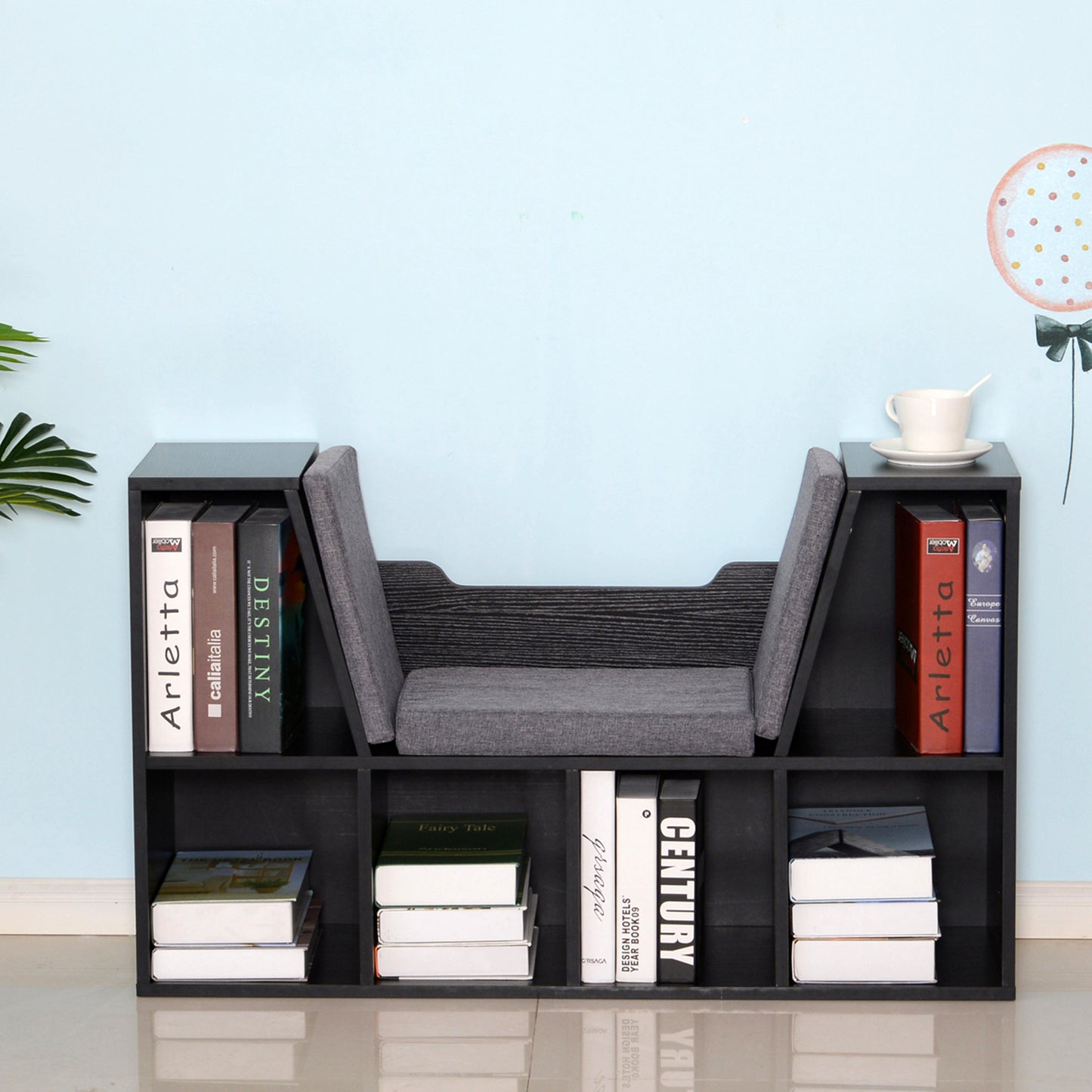 HOMCOM Bookcase Storage Shelf with Cushioned Reading Seat, Cube Bookshelf Organizer for Bedroom Living Room, Black