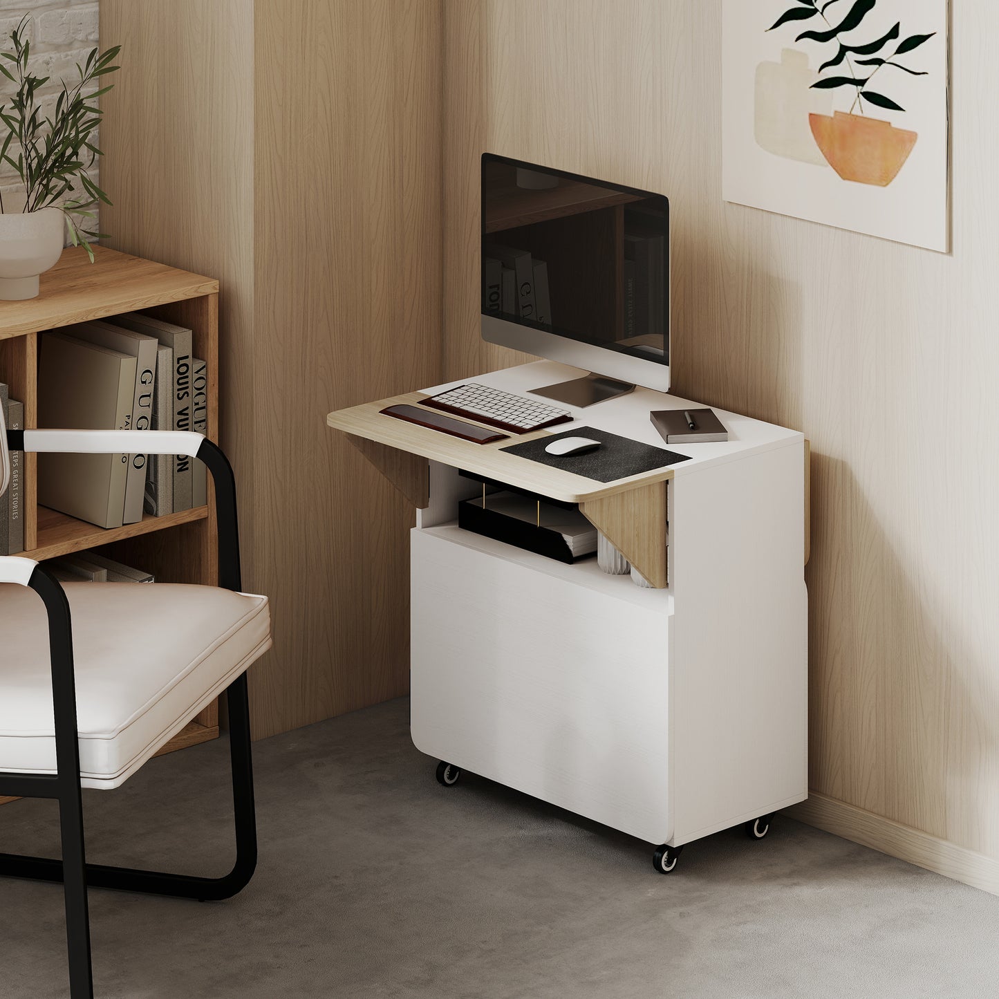 HOMCOM Folding Dining Table, Rolling Drop Leaf Table with Hidden Shelf & Cabinet for Dining Room, Small Spaces, White