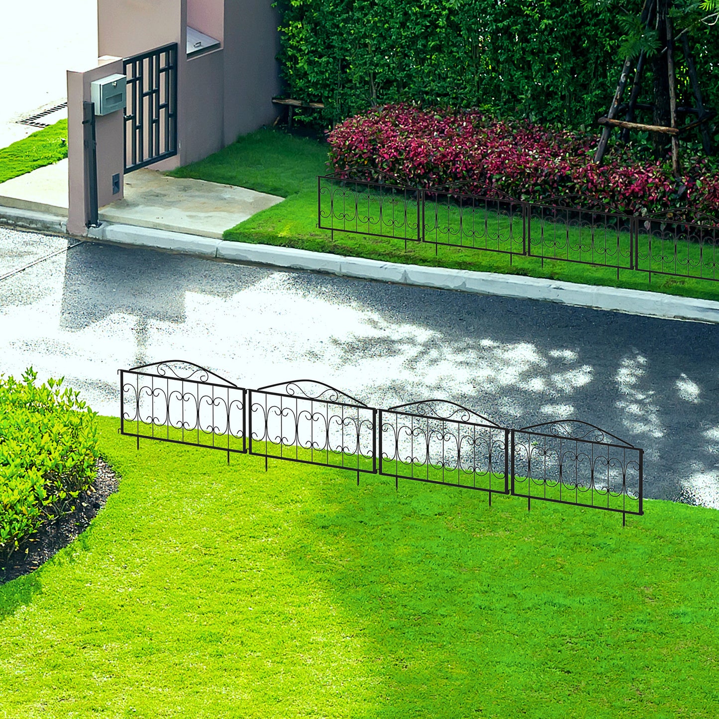 Outsunny Decorative Garden Fencing, 8PCs Outdoor Picket Fence Panels, Rustproof Metal Wire Landscape Flower Bed Border Edging Animal Barrier, Black