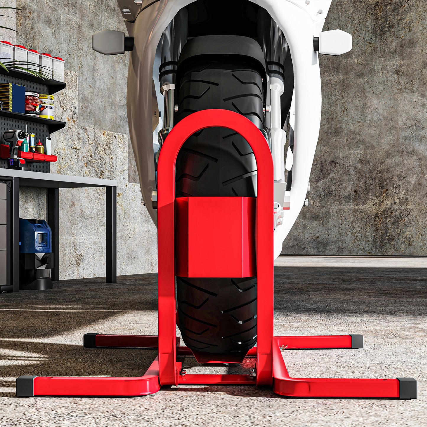HOMCOM Metal Motorcycle Motorbike Wheel Chock Locking Stand System 17", 19", 21"/43, 48, 51 cm Front Wheels Steel Adjustable Fixing Tyre Holder Support