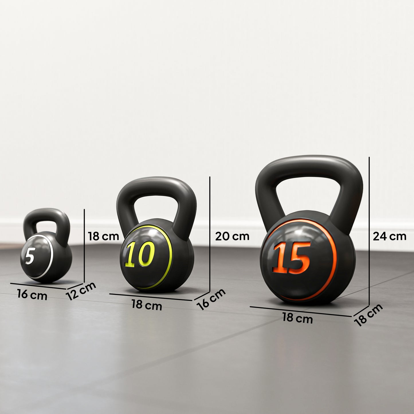 SPORTNOW Three-Piece Kettlebell Set, 5lbs, 10lbs, 15lbs with Storage Tray