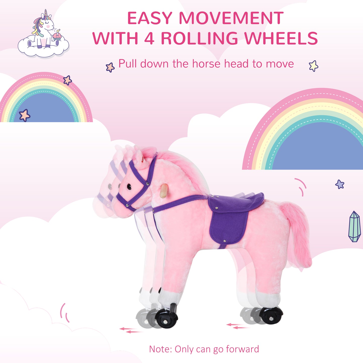 HOMCOM Rocking Horse Kids Ride on Walking Horse Animal Pony Wheeled Riding Plush Toy w/Sound for 2 Years and Up (Pink)