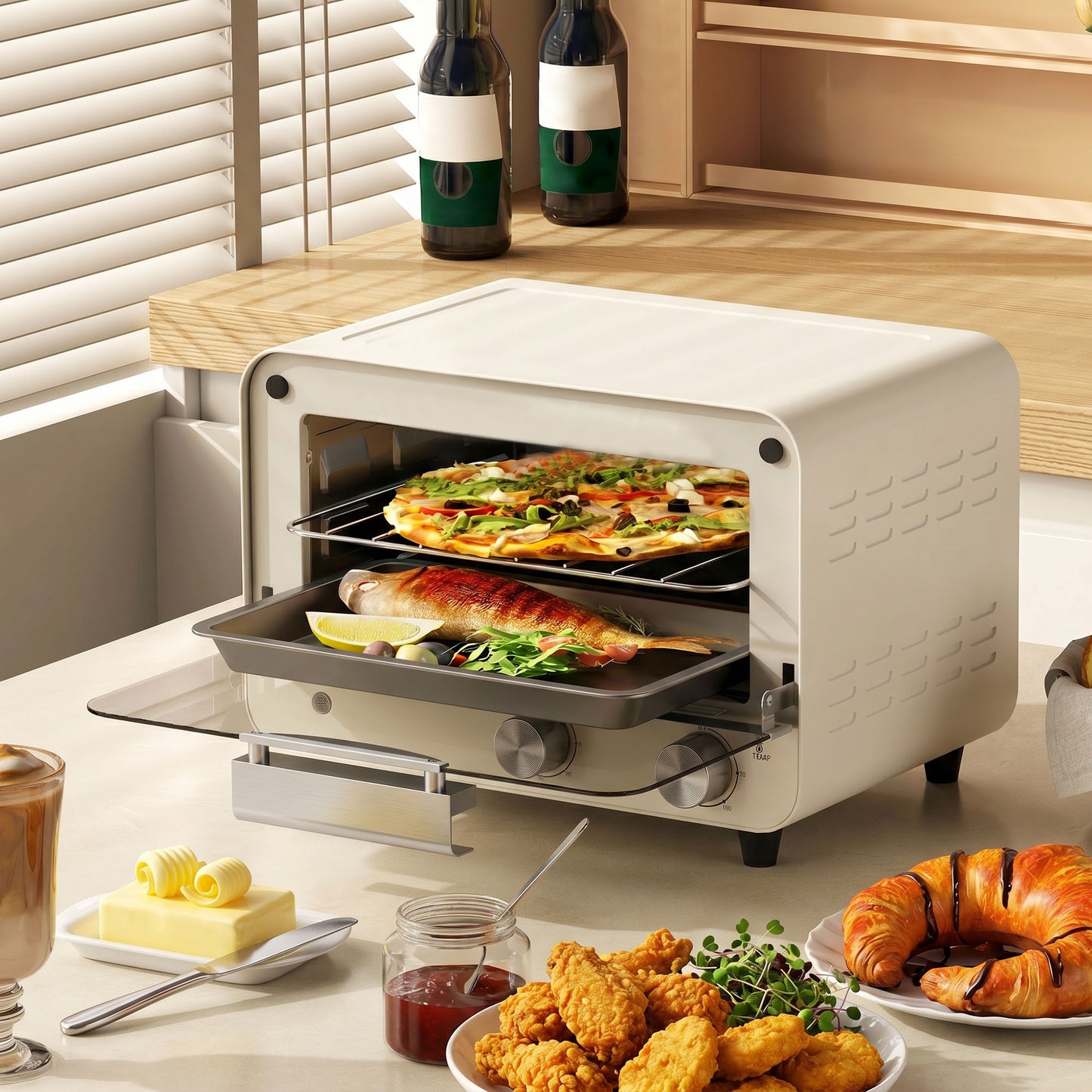 HOMCOM Mini Oven, Small Toaster Oven with Glass Door, Adjustable Temperature and Timer, Accessory Included, 750W, Cream White