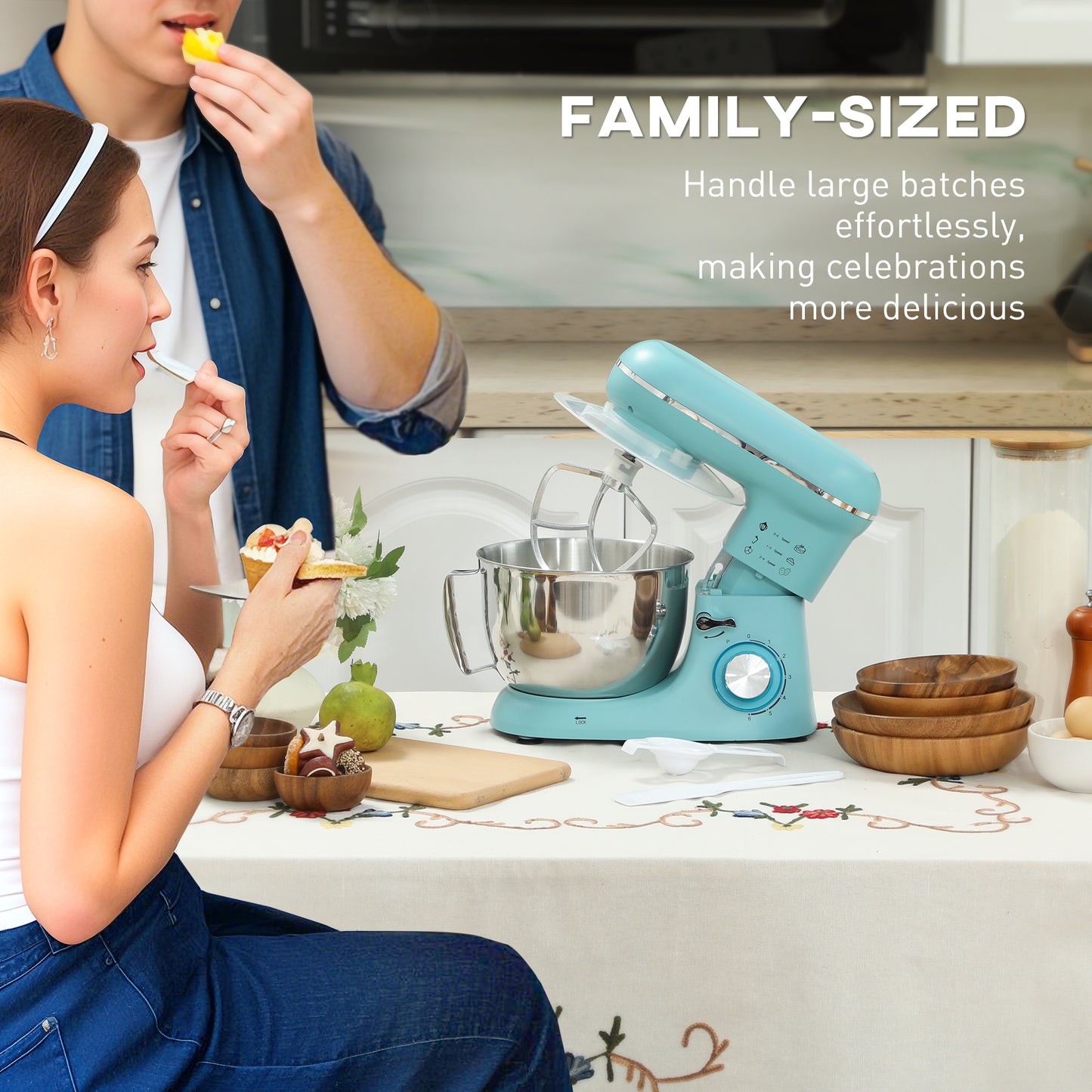 HOMCOM 1300W Kitchen Stand Mixer, with Accessories - Blue