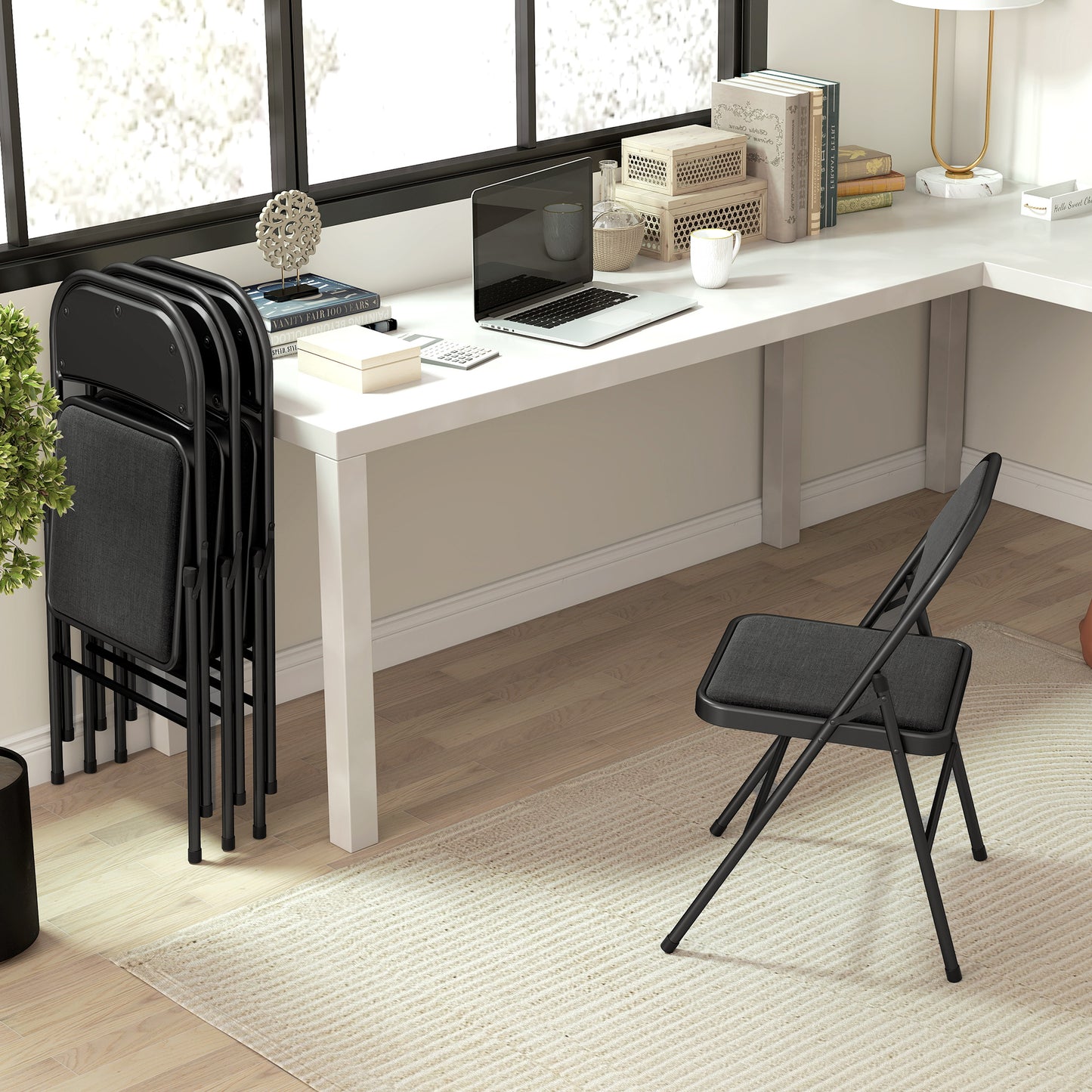 HOMCOM Linen-Look Set of Four Cushioned Folding Chairs - Black