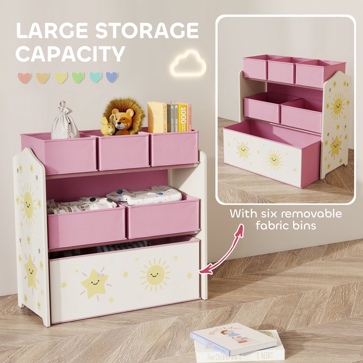 AIYAPLAY Kids Toy Storage Units, 3-Tier Toy Organiser Shelf with 6 Removable Boxes for Kids, Bedroom, Playroom, Pink