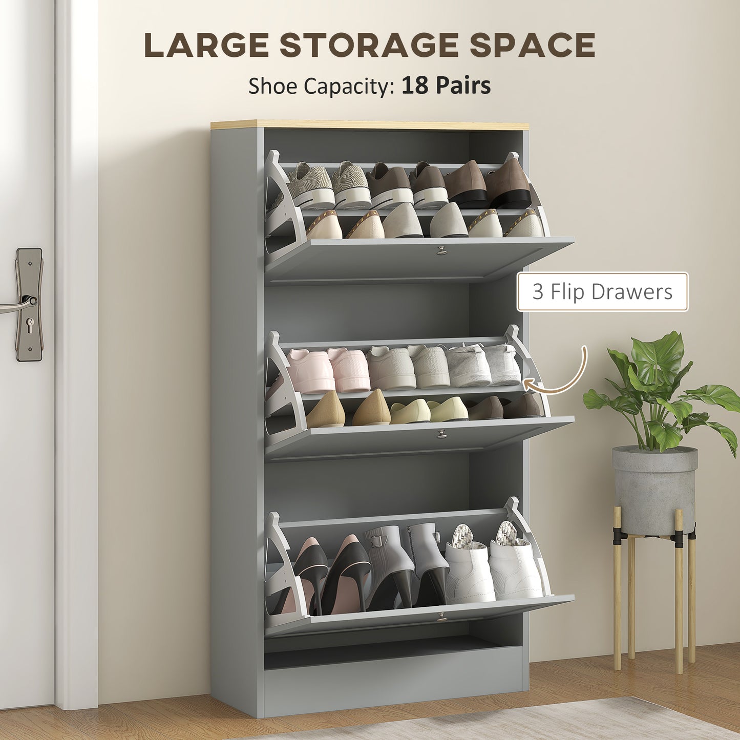 HOMCOM Modern Compact Three-Drawer Shoe Storage Cabinet - Grey