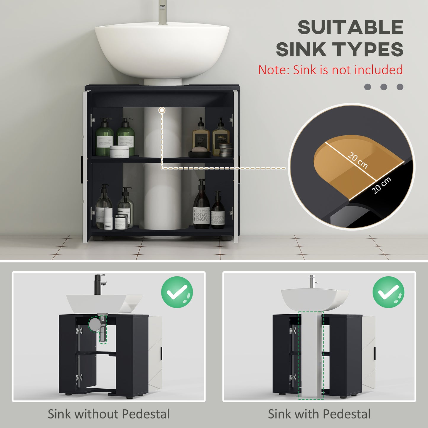 kleankin Pedestal Sink Bathroom Cabinet, Bathroom Vanity Unit with 20 x 20cm "U" Cut-Out and Adjustable Shelf, Light Grey