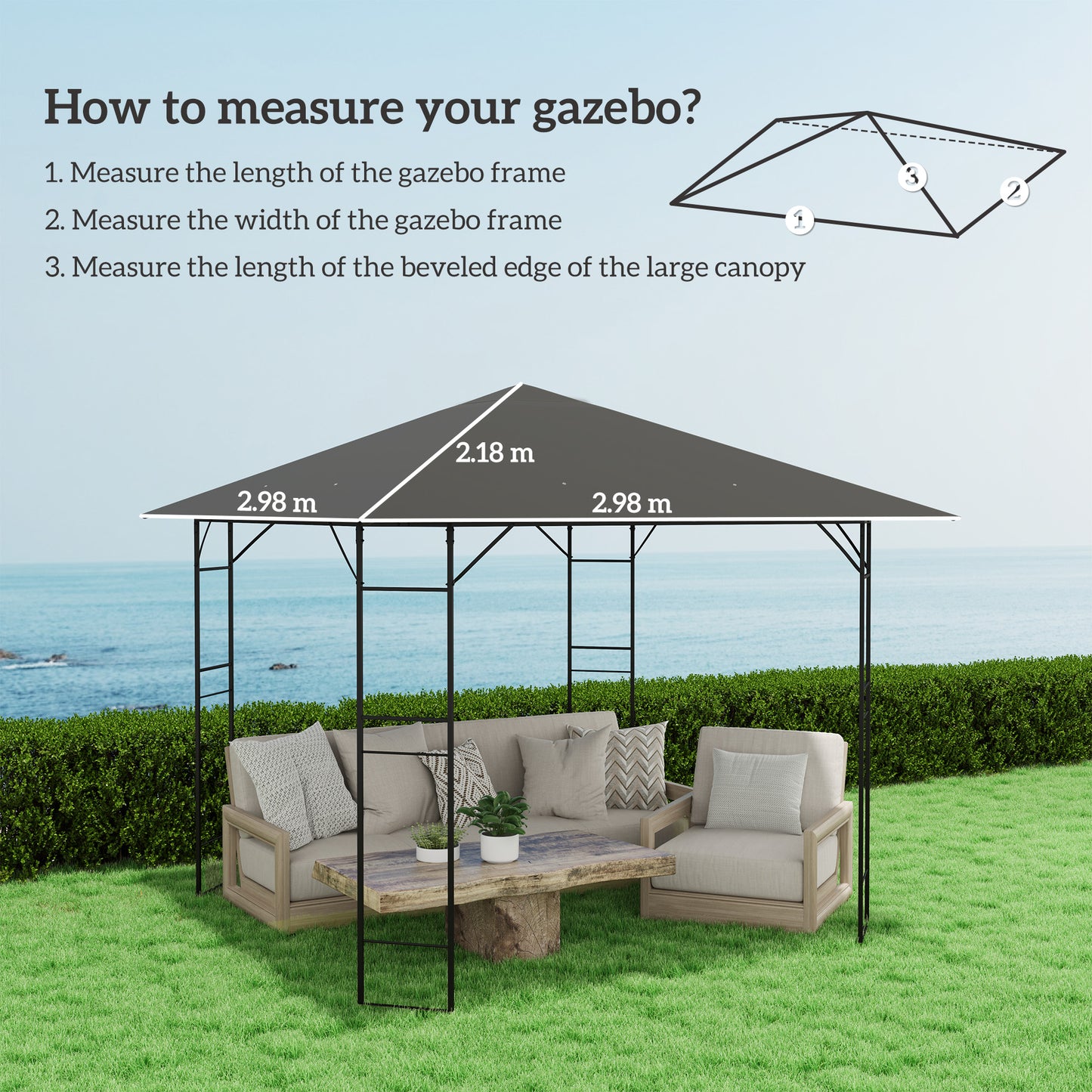 Outsunny 3 x 3(m) Gazebo Canopy Replacement Cover, Garden Gazebo Roof Replacement with Drain Holes, Water Resistant PVC Coating, 370g/㎡, UPF30+, TOP COVER ONLY, Grey
