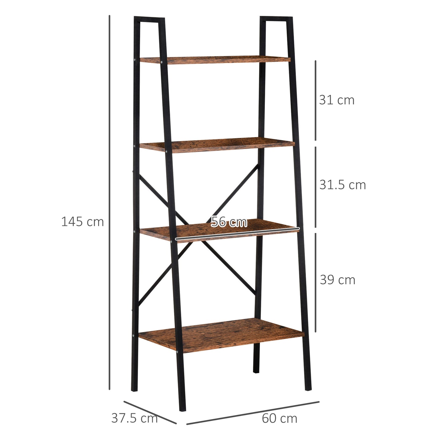 HOMCOM Ladder Shelf, Bookshelf, 4-Tier Industrial Storage Rack for Living Room, Bedroom, Kitchen, Rustic Brown and Black