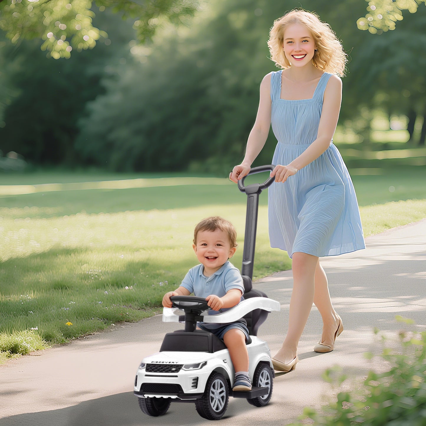 AIYAPLAY LAND ROVER DISCOVERY Licensed Baby Push Car, 2-in-1 Ride on Car with Push Handle and Safety Guardrail, White