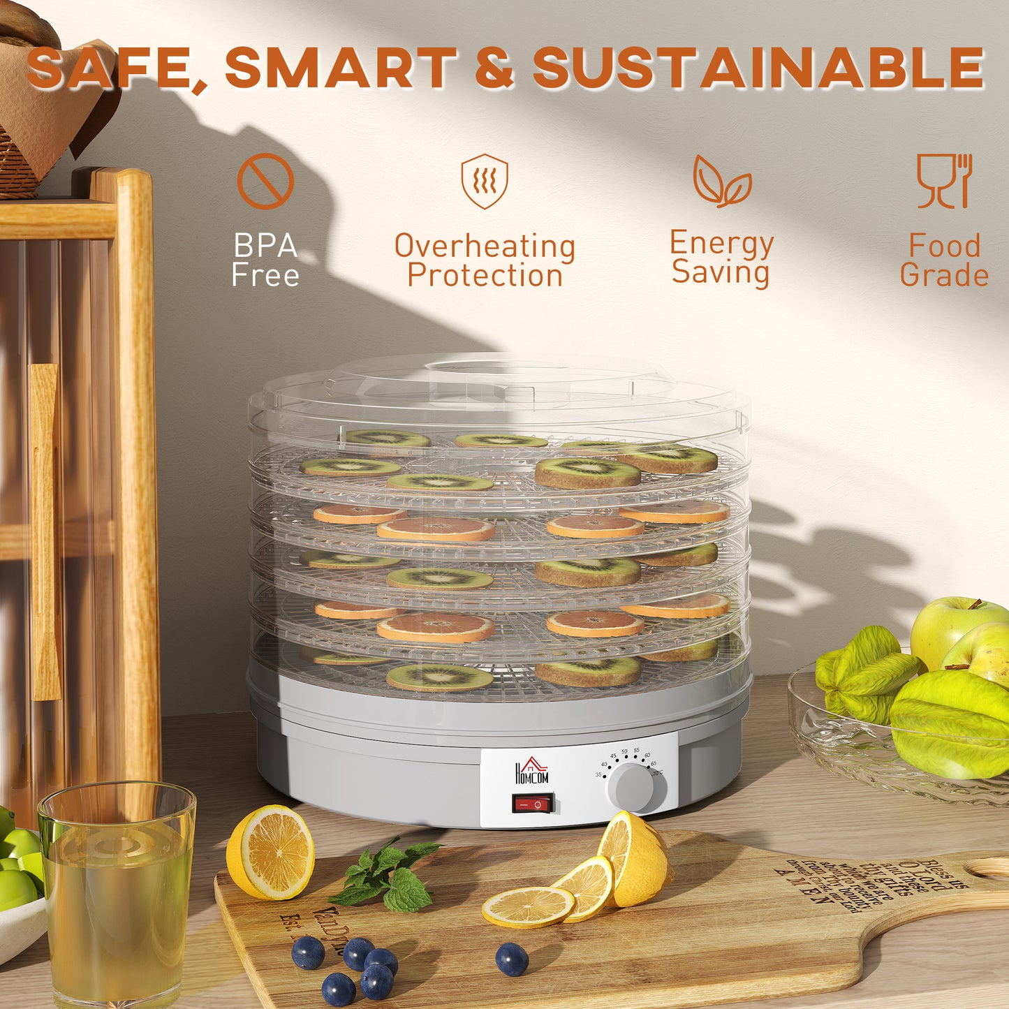 HOMCOM 5 Tier Food Dehydrator, 245W Food Dryer Machine with Adjustable Temperature Control for Drying Fruit, Meat, Vegetable, Jerky and Pet Treat, Grey